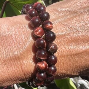Natural Red Tiger Eye Beaded Stretch Bracelet 8mm Round Polished Stone Unisex 7"